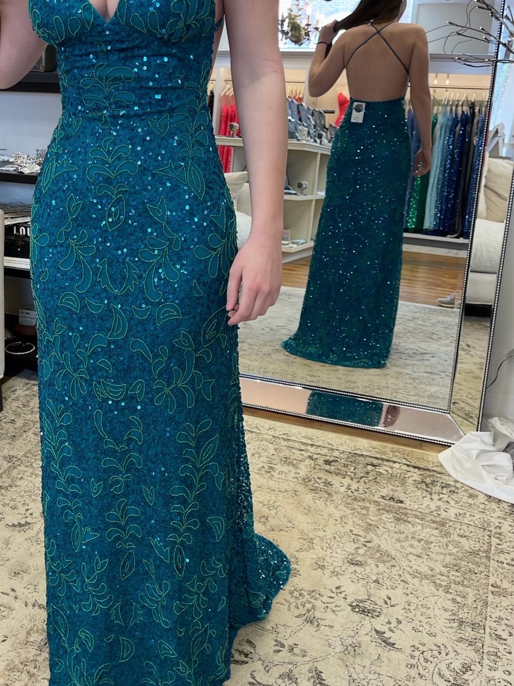 Elegant Teal Sequin Gown with Floral Embroidery